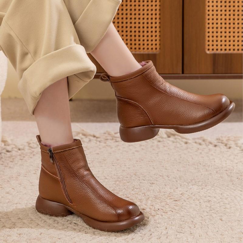 Johnature Thick And Warm Cotton Shoes Women's Winter Genuine Leather Anti Slip Low Heel Plush Short Boots