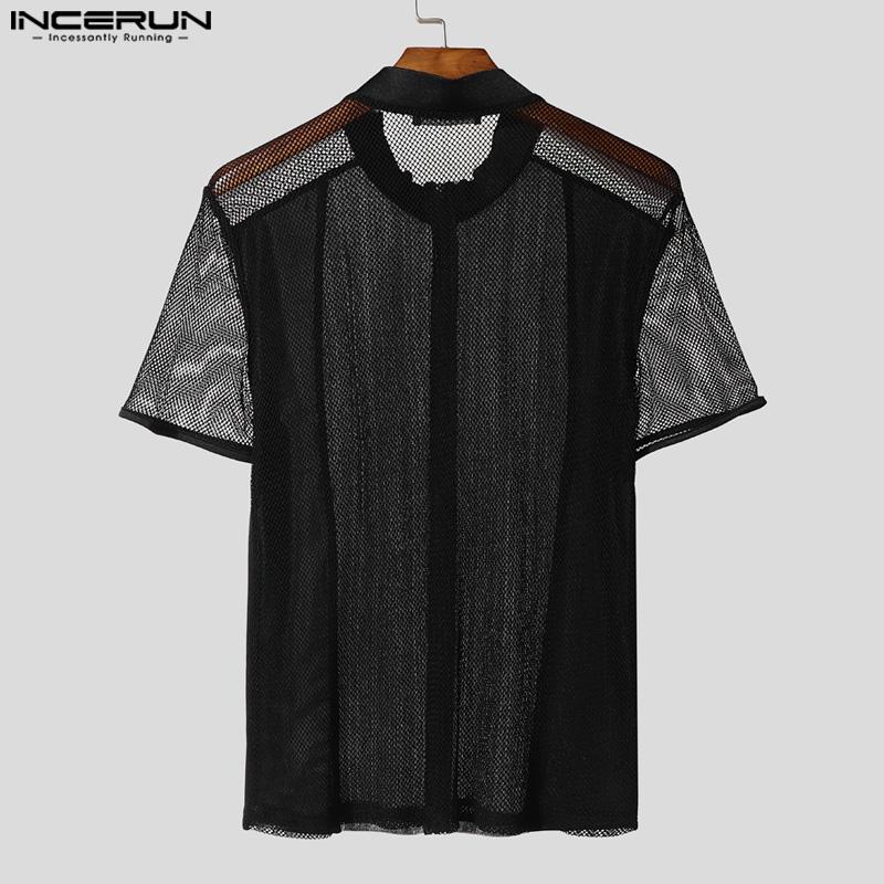 INCERUN Men Short Sleeve Mesh Sheer Glitter Patchwork Party T-shirts Tops