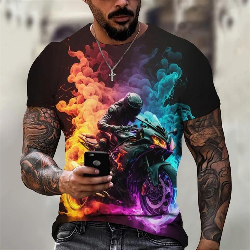 Men's Motorcycle Pattern T-shirt 3D Printed Round Neck T-shirt Casual Loose Men Quick Drying Breathable Comfortable