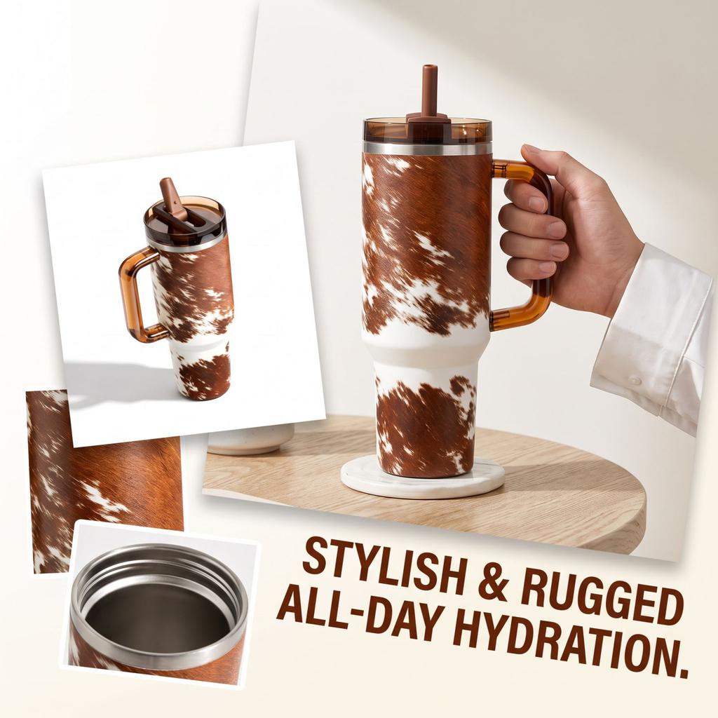 Tumbler met Handvat, 40 oz Koeienprint Roestvrij Staal Reismok, Grote Capaciteit Beker voor Warme en Koude Dranken