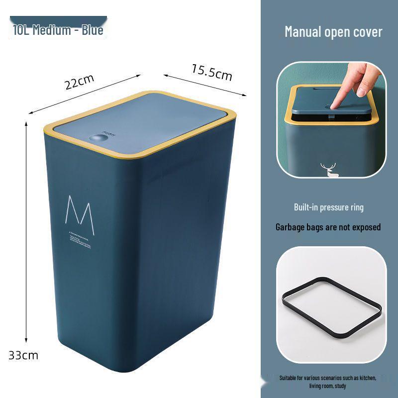 High-Capacity Press-Open Trash Can with Lid for Kitchen & Living Room - Stylish & Popular