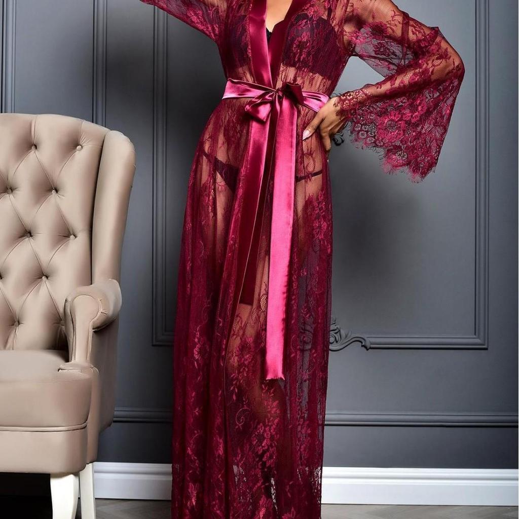 Europäisches & Amerikanisches Sexy Damen-Mesh Durchsichtiges Langes Nachthemd Set