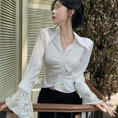Lace Clothing Sleeves Korean Style Blouse V-neck Slim Buttons Shirts  Business