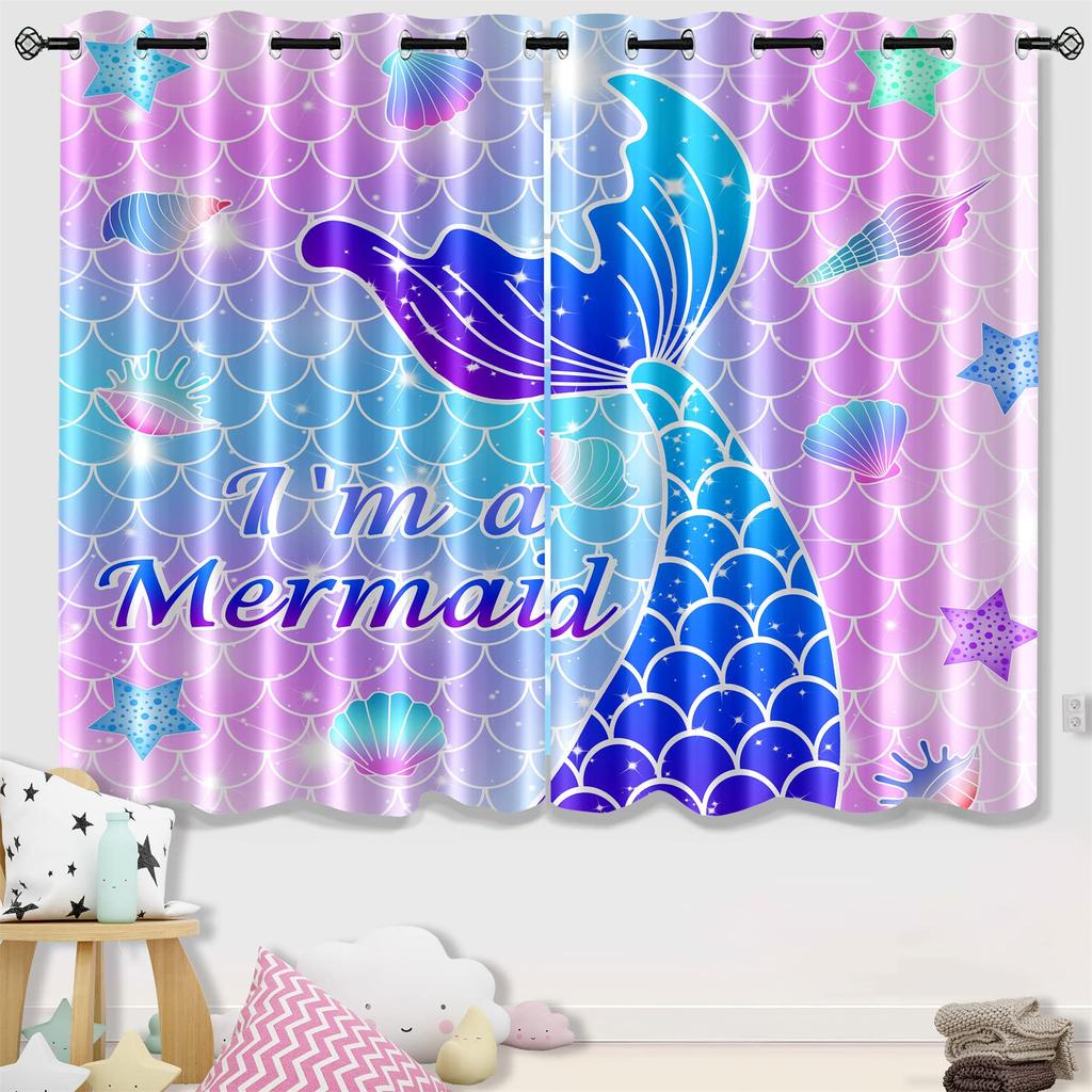Bed Chamber Blackout Style Drapes Ombre Beauty Mermaid Fish Scale Thermal Insulated Room Darkening Drapes for Living Area Room Drapes