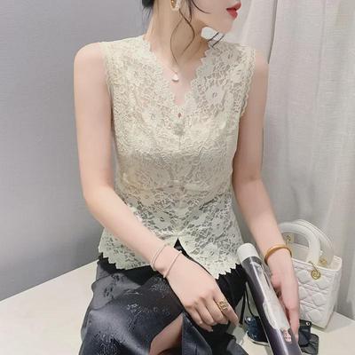 Top de Encaje sin Mangas con Cuello en V de Estilo Chino para Mujer