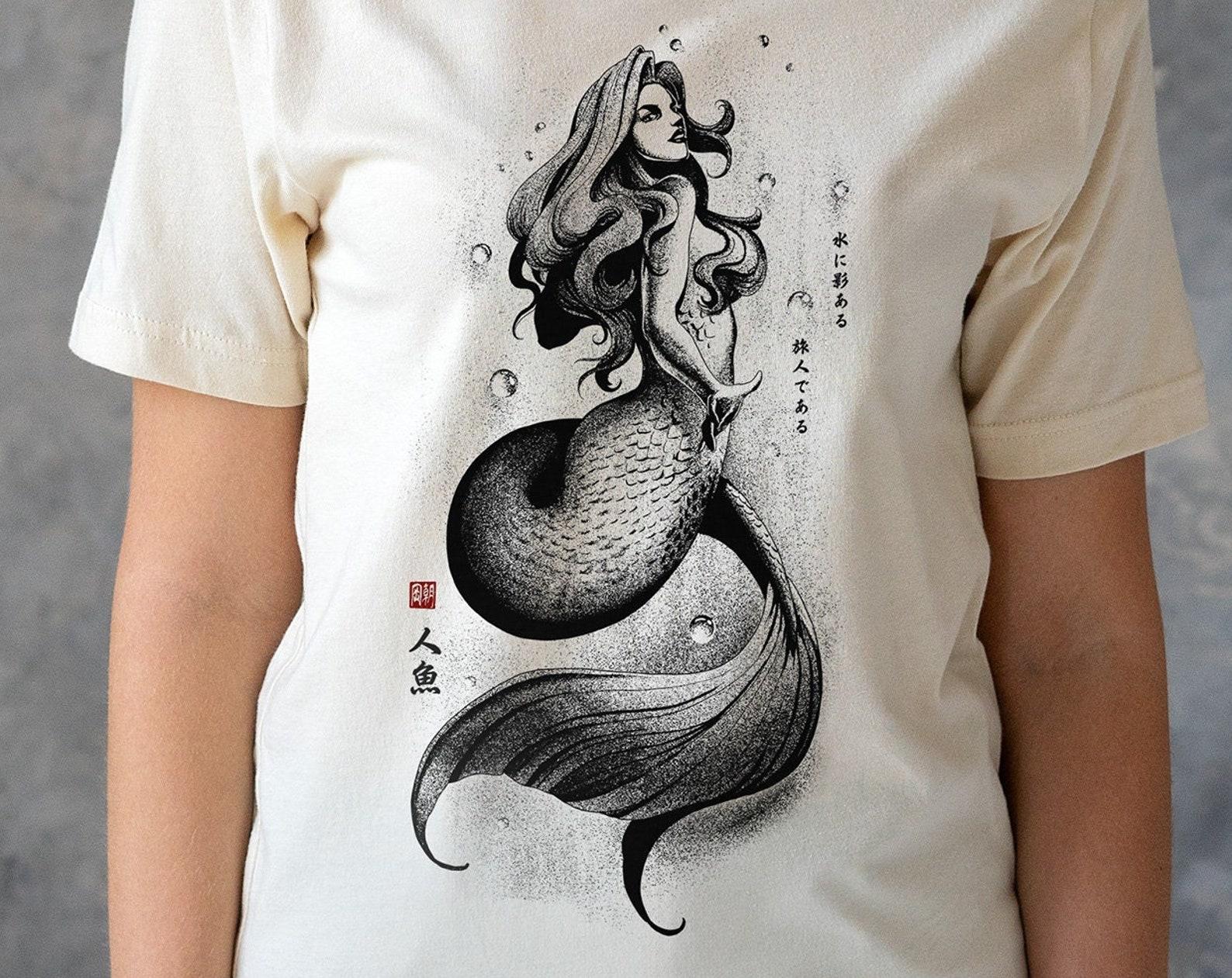 Mermaid Queen T-Shirt, Japanese Calligraphy Art, Ukiyo-e Style 4XL