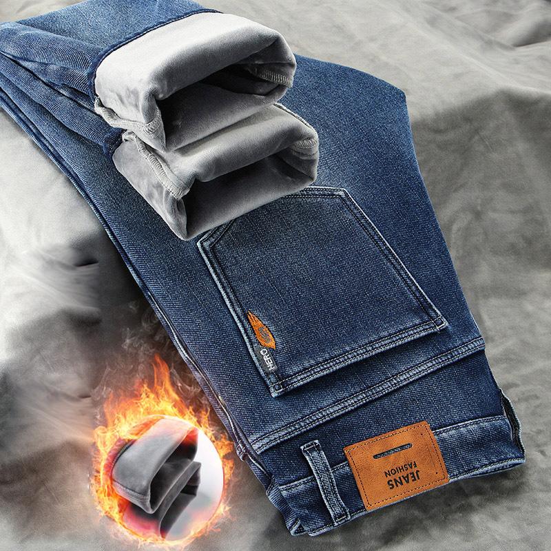 Spring And Autumn Winter New Men'S Plush/Regular Jeans Slimming Straight Stretch Business Versatile Long Pants