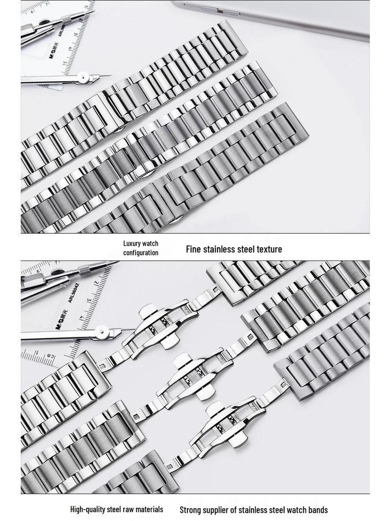 Solid Longjing Steel Watch Band – Three-Bead Men's Brushed Metal Strap