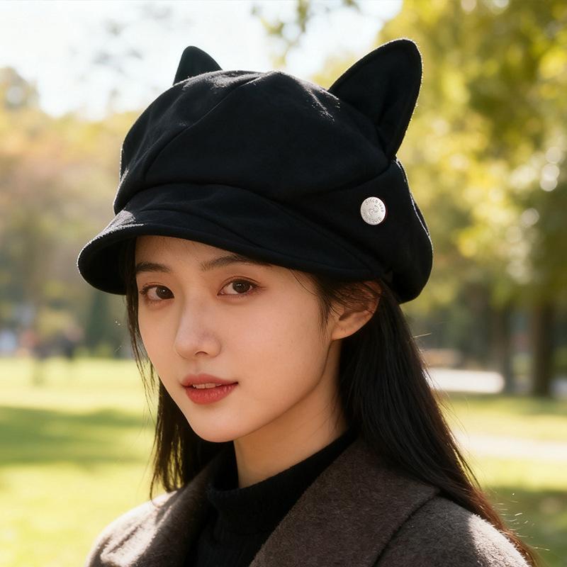 Autumn and winter cute versatile cat ears beret wide brim plain face newsboy hat