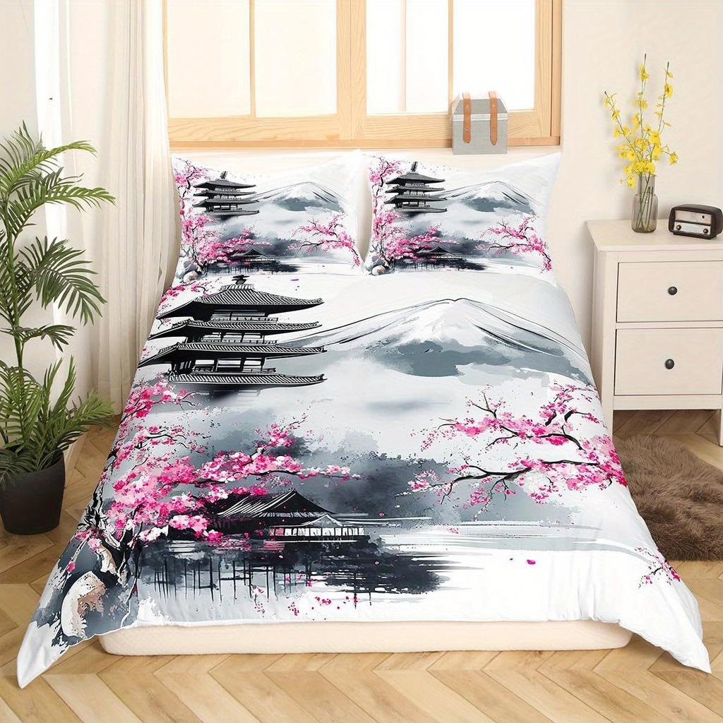 2/3pcs Japanese Fuji Mountain Bedding Set Pink Cherry Blossom Chureito Pagoda Bedding Duvet Cover Set Exotic Sakura Flower