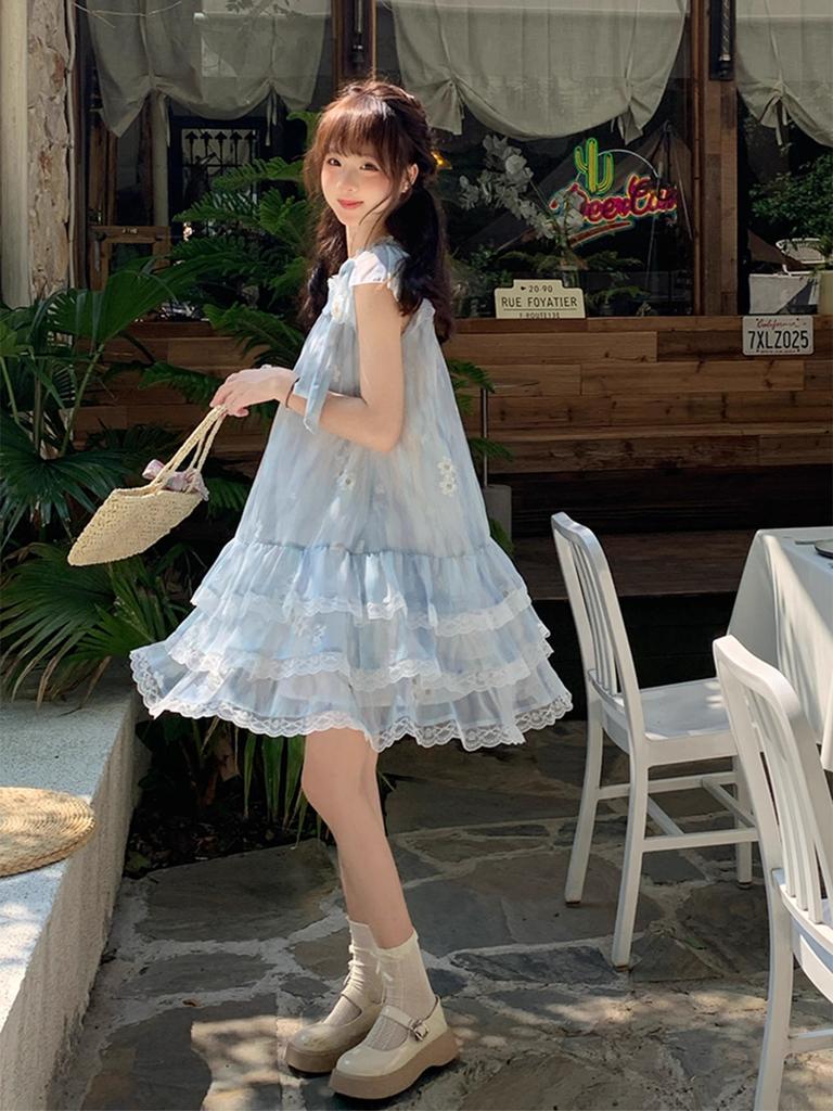 Französisches kleines Flugärmel-Blumen-Tüllkleid Kinder-Sommer Neu Kleines Temperament Prinzessin Kurzkleid