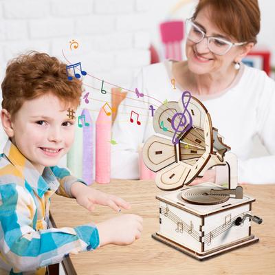 Yousheng 1 Set DIY Retro Gramophone Model Kit Handmade Wooden Puzzle Hand-cranked Phonograph Building Crafts Record Player STEM Project Kids