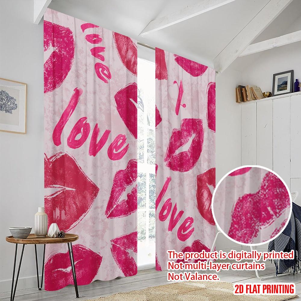 2pcs,2D plane printing Creative Curtains Pink Lips and Hearts Polyester Fabric (without rod) Versatile All Perfect for Bedroom,
