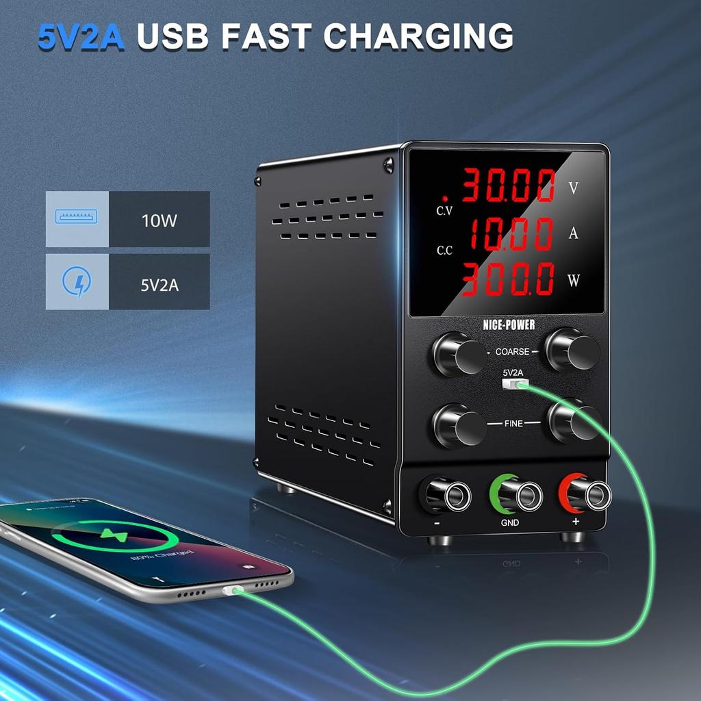 30V 10A Adjustable DC Power Supply, 4-Digit LED, 5V/2A USB, Test Leads, Bench Lab PSU