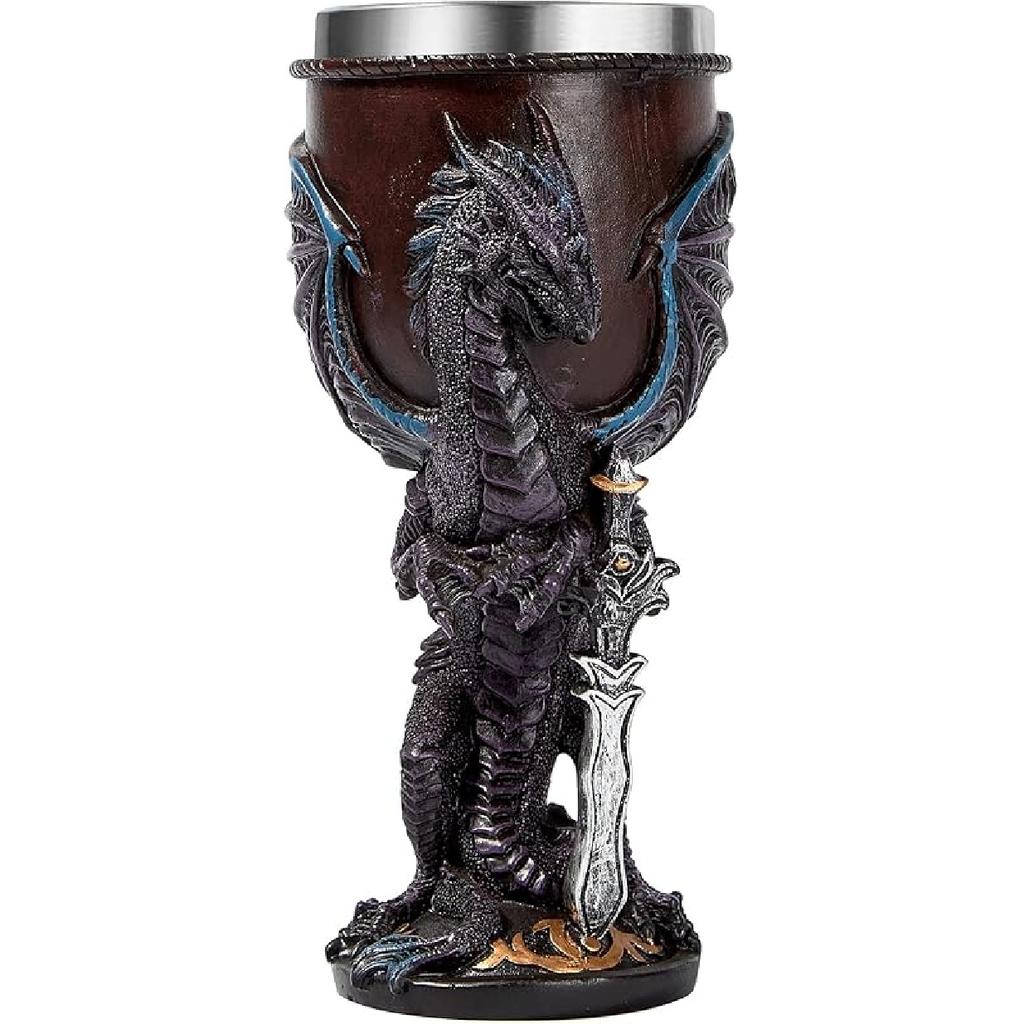 Blue Dragon Goblet Stainless Steel Dungeons and Dragons Gift Chalice Wine Goblet 7 Oz. (Blue Sword Dragon)