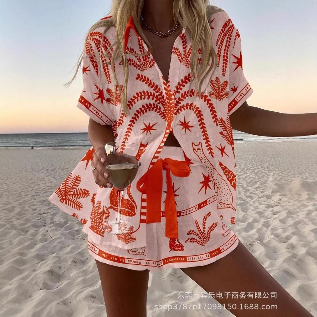 Summer European and American Women's Clothing Bamboo Hemp 1D Digital Printing Short-sleeved Shirt Beach Shorts Casual Two-piece Set
