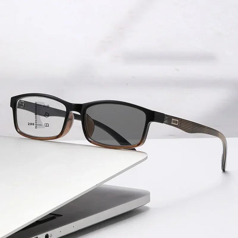Men's Classic Gradient Square Framed Presbyopia Glasses Multifocal Distance & Near Photochromic Lens Reading Glasses 0 TO +4.0