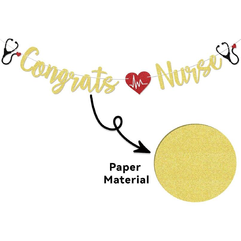 Congrats Nurse Banner - Nursing School Survivor Decorations, BSN/RN/NP Grad Party Decor, Class of 2025 Decorations Gold Glitter
