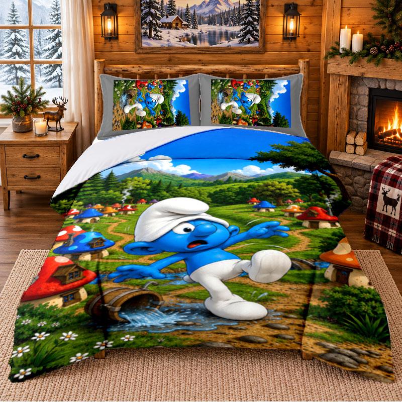 Smurfs Cute Pattern Bedding 3Pcs Set Bed Sheet And Pillowcases For Indoor Bedroom