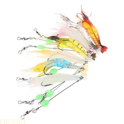 A1A2 7 Pcs Fishing Shrimp Lures Artificial Silicone Soft Shrimp Baits with Hooks Luminous Swimbait Fishing Tackle Durable