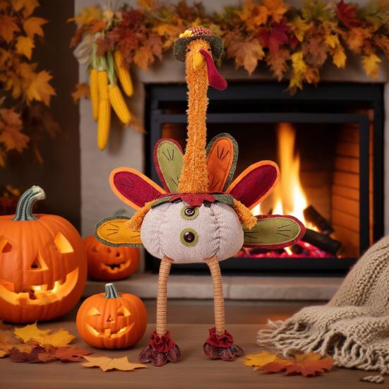 Thanksgiving Turkey Decoration Plush Stuffed Turkey Doll with Retractable Neck Stretchable Sitting Turkey for Fall Autumn Thanksgiving Home Table