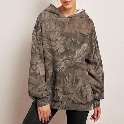 Bluza z kapturem damska na jesień i zimę, z nadrukiem liści, duża kieszeń, długie rękawy, gruba, ciepła, luźna, z kapturem, kamuflaż, codzienny sportowy top