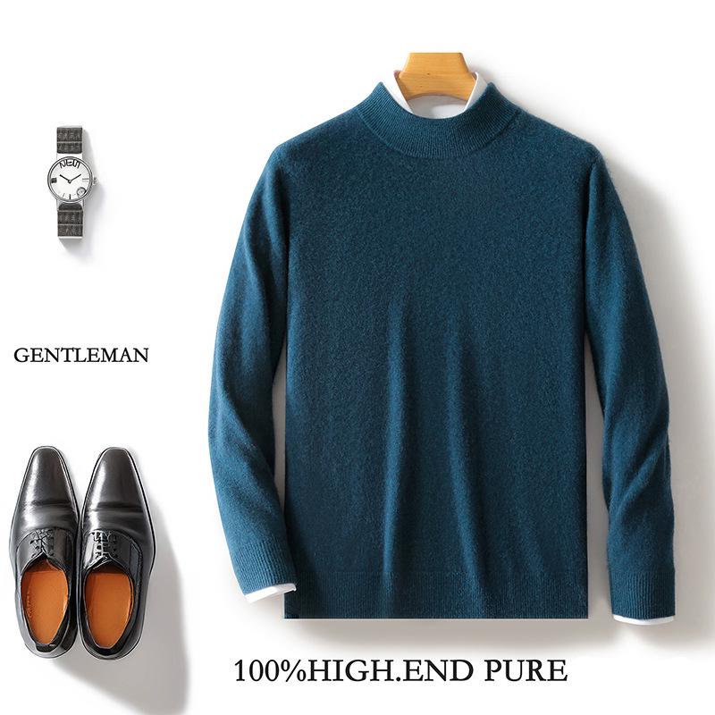 Men s Half-High Neck Wool Sweater, Solid Color, Skin-Friendly Black Pullover L 120-145 jin