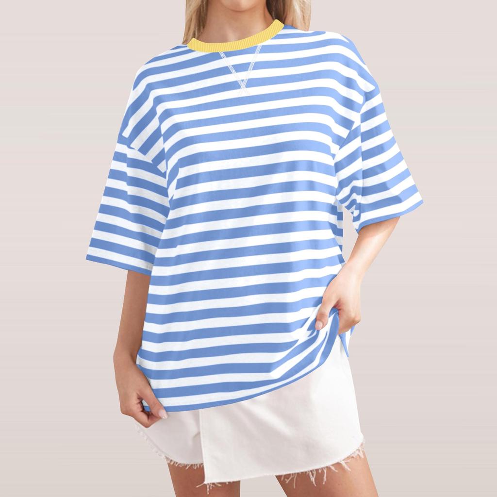 Women's Large Striped Color Blocking Short Sleeved Round Neck Sports Shirt Casual Loose Pullover Top