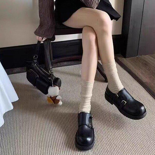 Leather platform casual double buckle with round head one pedal ugly cute versatile retro British style big head leather shoes women