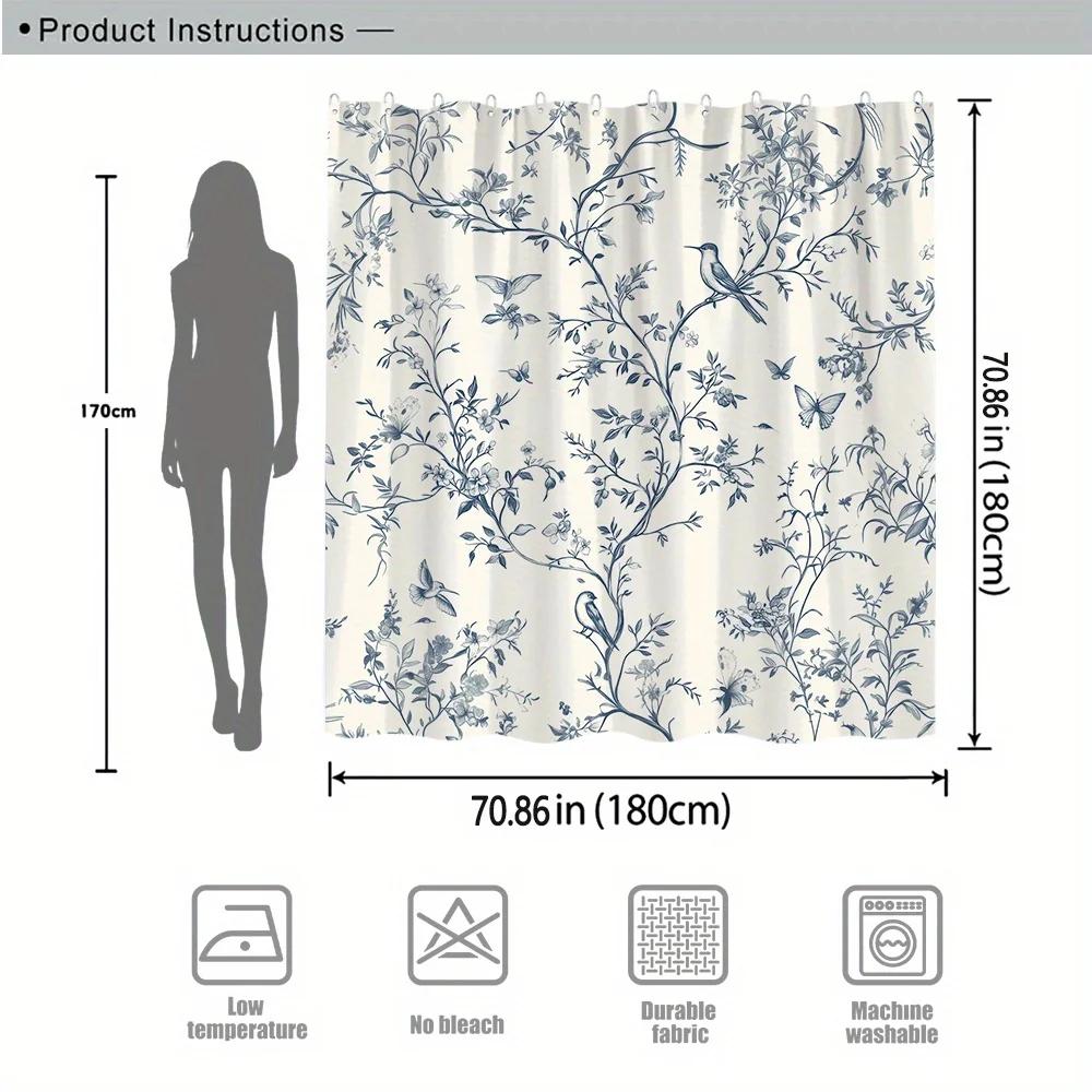 1 Vintage Botanical Shower Curtain with Detailed Blue Branches and Birds Design - Polyester with Hooks, Machine Washable