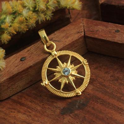 Żółty pozłacany niebieski topaz kompas wisiorek 925 Sterling Silver Handmade Jewelry