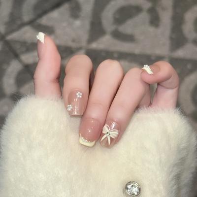 Daily Short Wear Armor Handmade Nude Color French Pearl Bow Removable Reusable Nail Art