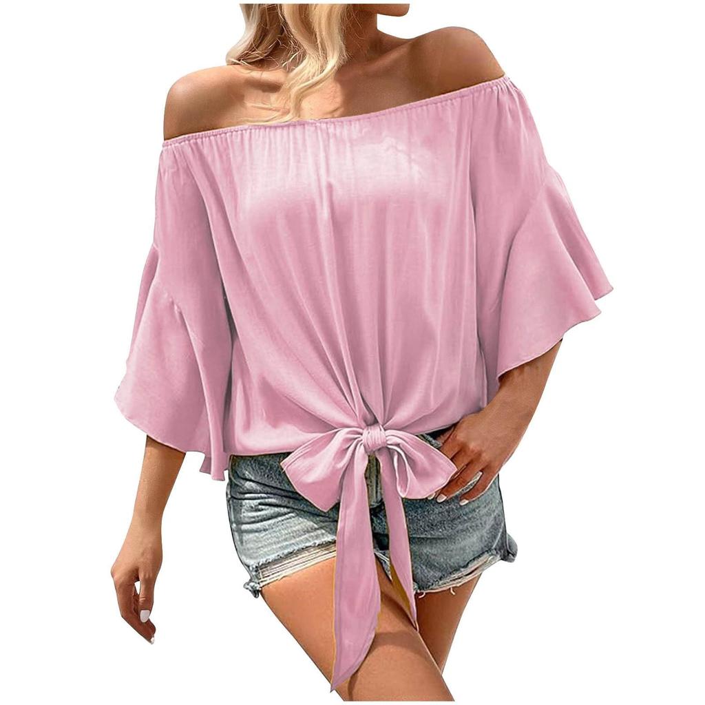 Women's Pleated Off The Shoulder Flowy Tops Sleeve Tie Knot Casual Vacation Blouse Ruched Shirts Plus Size