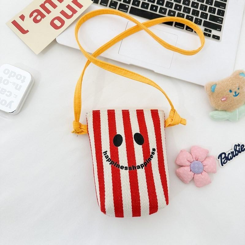 Stylish Mini Canvas Shoulder Bag For Kids With Cute Smiley Face And Striped Design