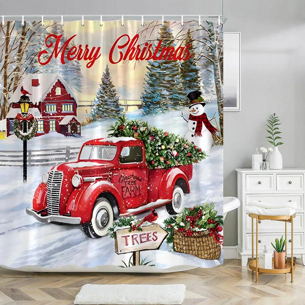 Red Christmas Shower Curtain Xmas Tree Print Bath Home Decor Winter Holiday New Year Bathroom Curtains Hooks Made Of Polyester Washable Washroom Ready