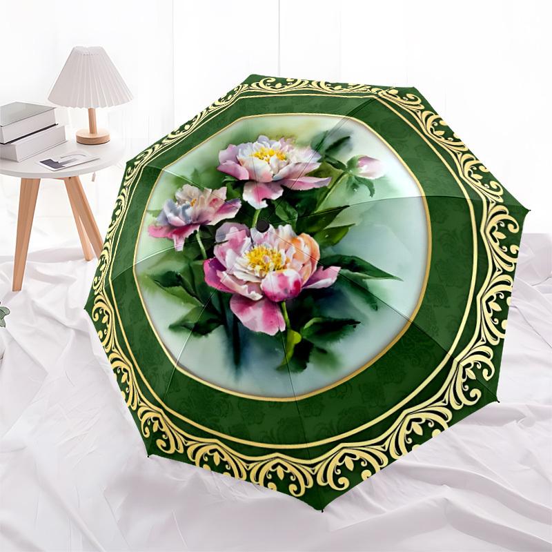 1 Stück Floral Dekorativer Automatischer Faltregenschirm - Tragbares faltbares Design, 8-Rippen-Eisenrahmen, Strapazierfähiger Stoff yy251125135