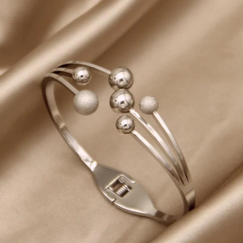 Vintage Triple Geometric Diamond Encrusted Bracelet 18k Gold Stainless Steel Round Beads Spring Open Bracelet Women for Jewelry