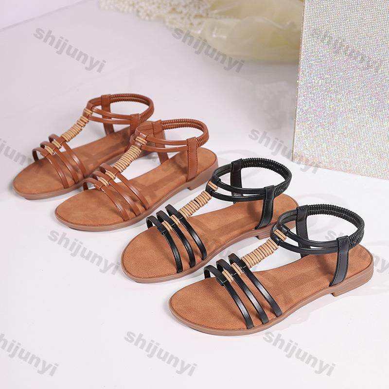 Fashion Women's Fashion Casual Flat Sandals Female Open Toe Casual Sandals 2025 Summer New Elastic Band Roman Beach Shoes Plus Size 43