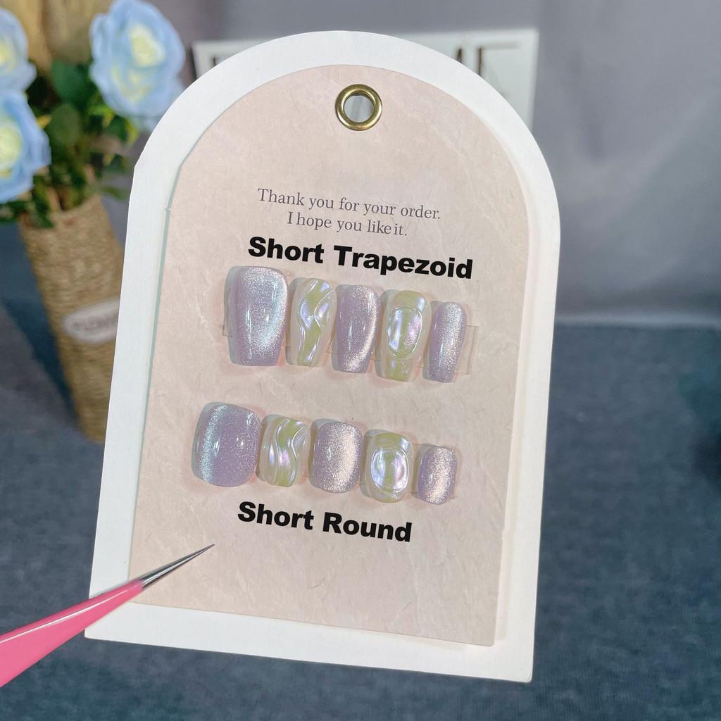 

100% РУЧНАЯ РАБОТА Длинные накладные ногти в форме гроба с клеем Фиолетовый кошачий глаз Стеклянные иллюзии накладные ногти Акриловые накладные ногти Многоразовые накладные ногти L