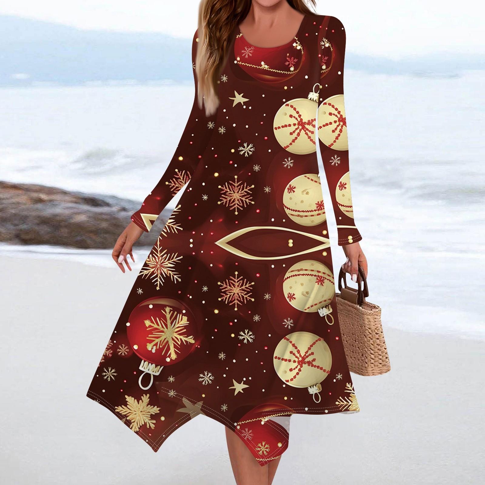

Women s Christmas Printed Round Neck Long Sleeve Casual Slim Irregular Hem Pleated Dress L червоний