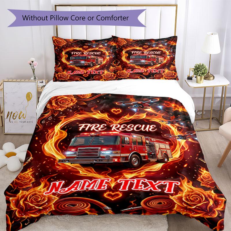 3PC Custom Name Fire Rescue Roses Bedding Set Duvet Cover Closure Includes 1 Duvet Cover & 2 Pillowcases for Bedroom