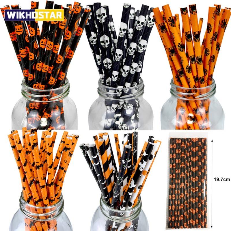 25pcs Halloween Theme Disposable Paper Straws Spider Skull Pumpkin Bat Pattern Happy Halloween Party Decor Supplies