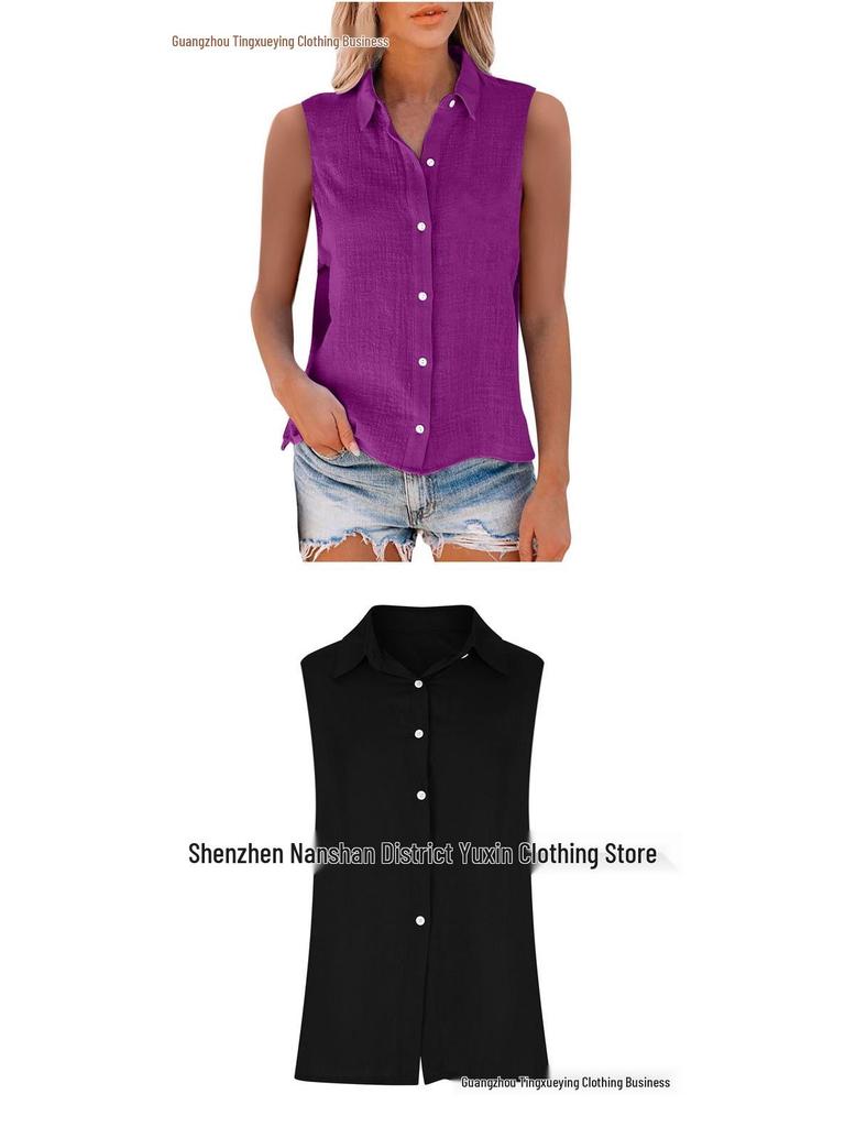 Sommer ärmelloses Revers Baumwolle Leinen Damenhemd