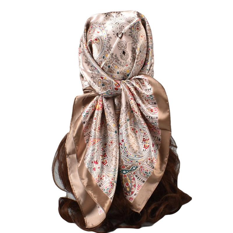 High Quality Silk Feeling Scarf Square Floral Printed Shawl Wrap Spring Summer Neckerchief Hair Band Lady Decor Foulard 90X90Cm