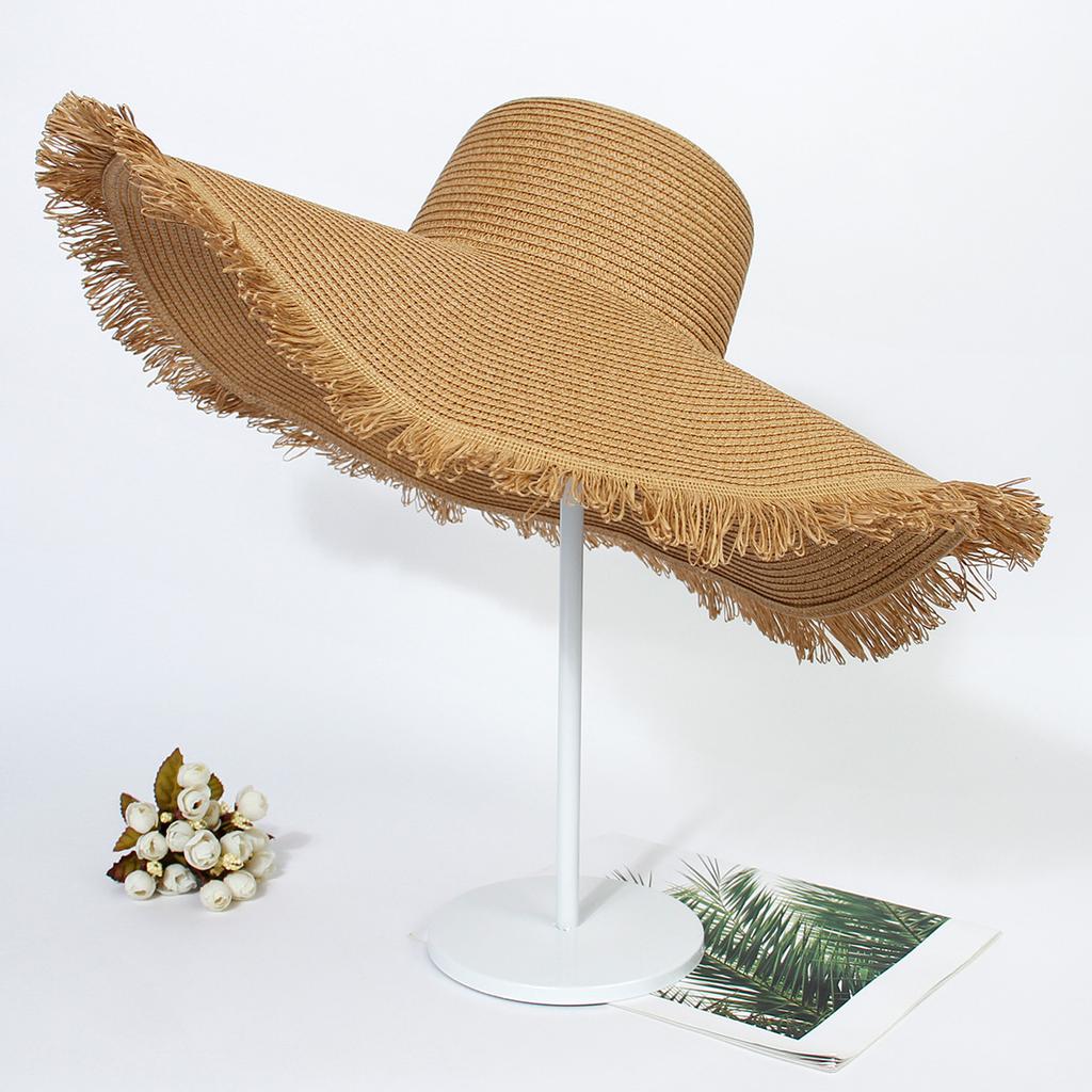 In Stock Fashion Wide Brim Beach Hat Cross Border Sun Hat Women's Woven Frayed Edge Straw Hat Bohemian Style Hat