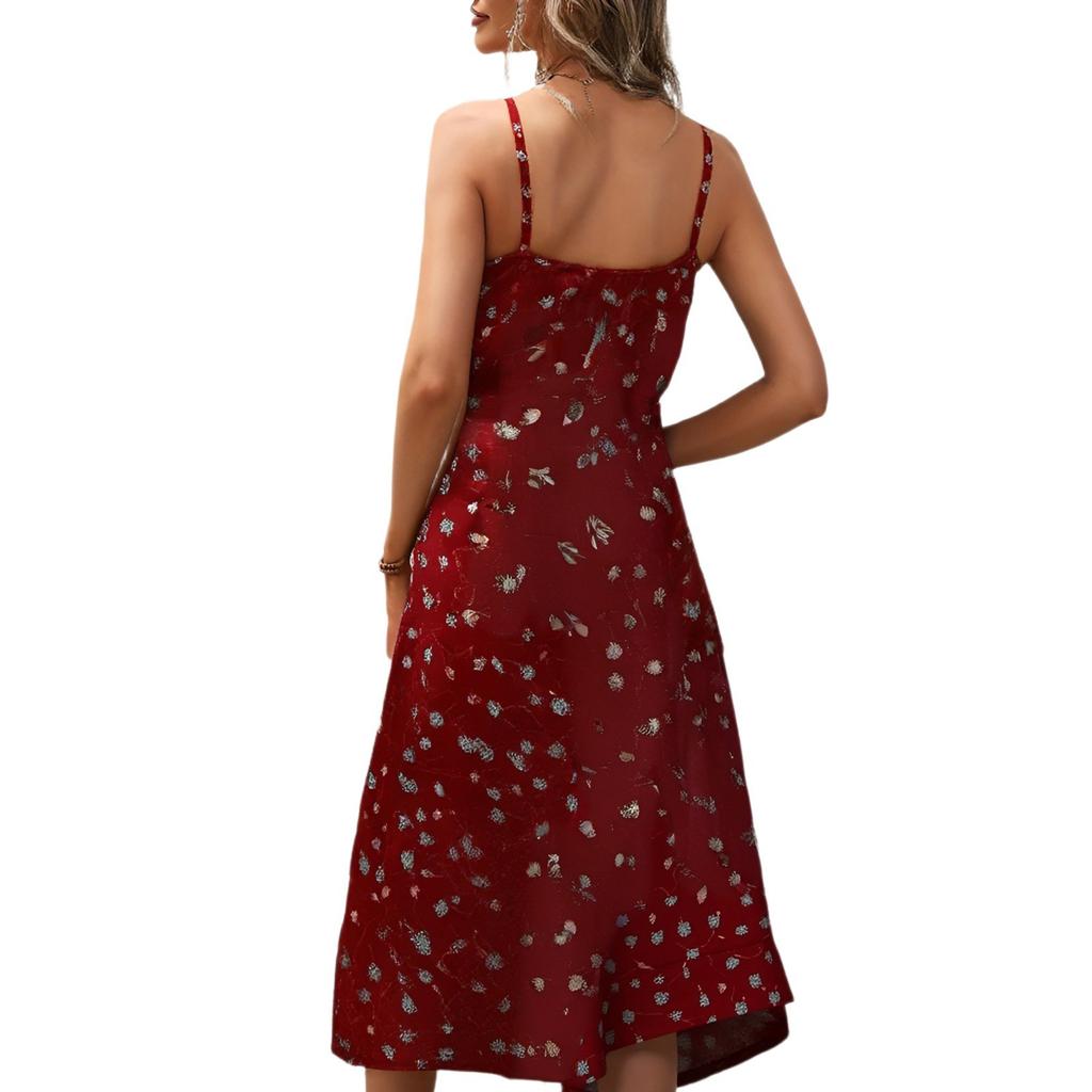 Women Summer Floral Midi Dresses Casual Spaghetti Strap Sleeveless Ruched Split Slit Long Dresses