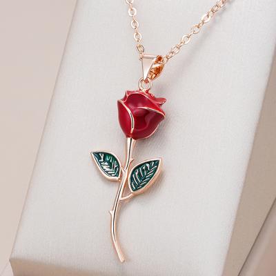 Unique Creative Rose Pendant Necklace For Women Fashion  Rose Gold Color With Red Enamel Vintage Daily Fine Jewelry