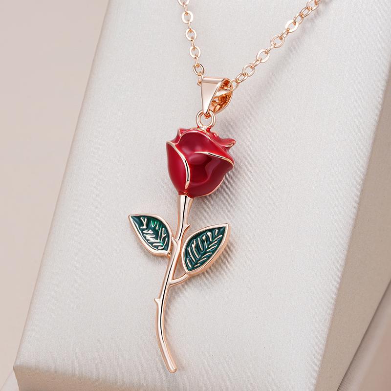 Jewelry Ring 1 Women's Gold/Red Unique Creative Rose Pendant Necklace For Fashion Rose Color With Enamel Vintage Daily Fine Jewelry