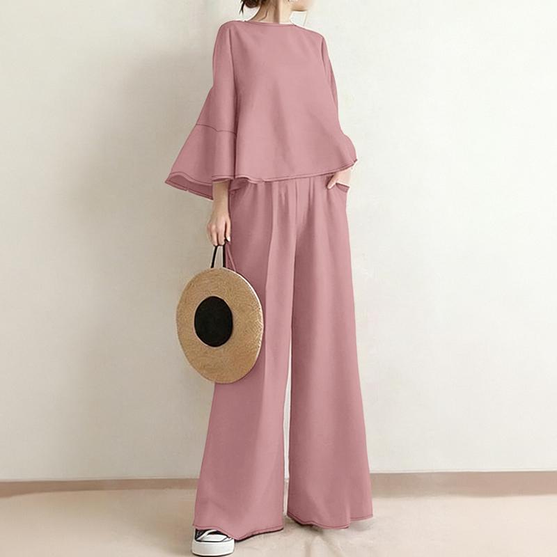 ZANZEA Set de costume casual din două piese pentru femei, cu bluză cu mânecă 3/4 și pantaloni cu picior larg