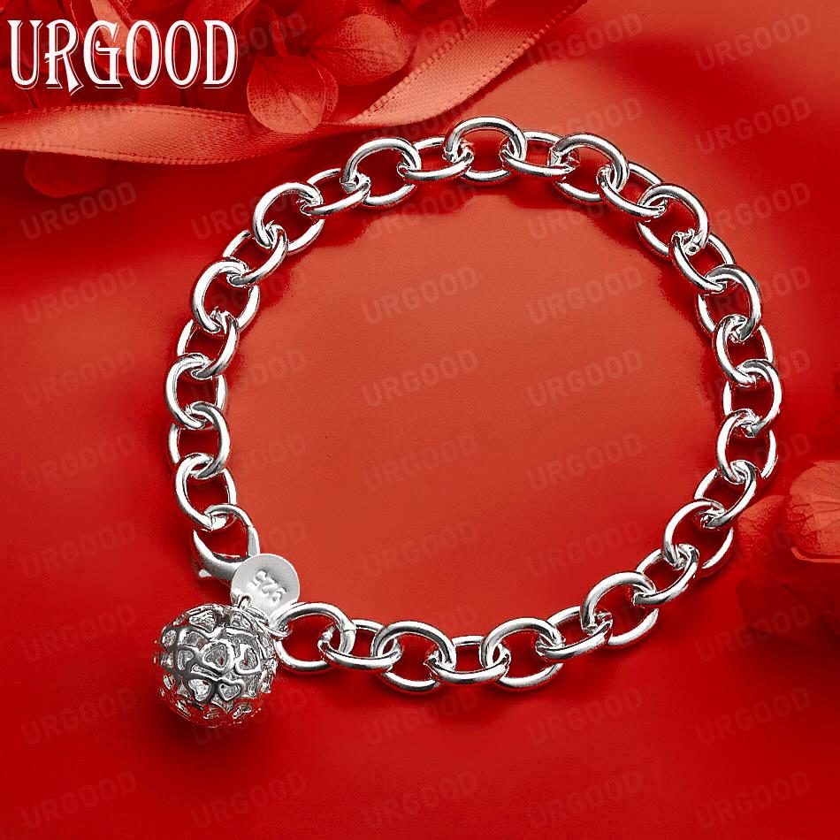925 Sterling Silver Heart-Shaped Floral Pattern Pendant Bracelet Wedding Fashion Jewelry 20CM
